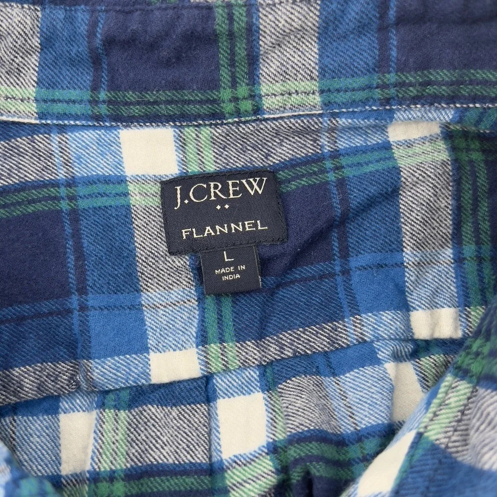 J.Crew Men L Button-Up Long Sleeve Flannel Shirt Blue Green Plaid‎ Collar Pocket
